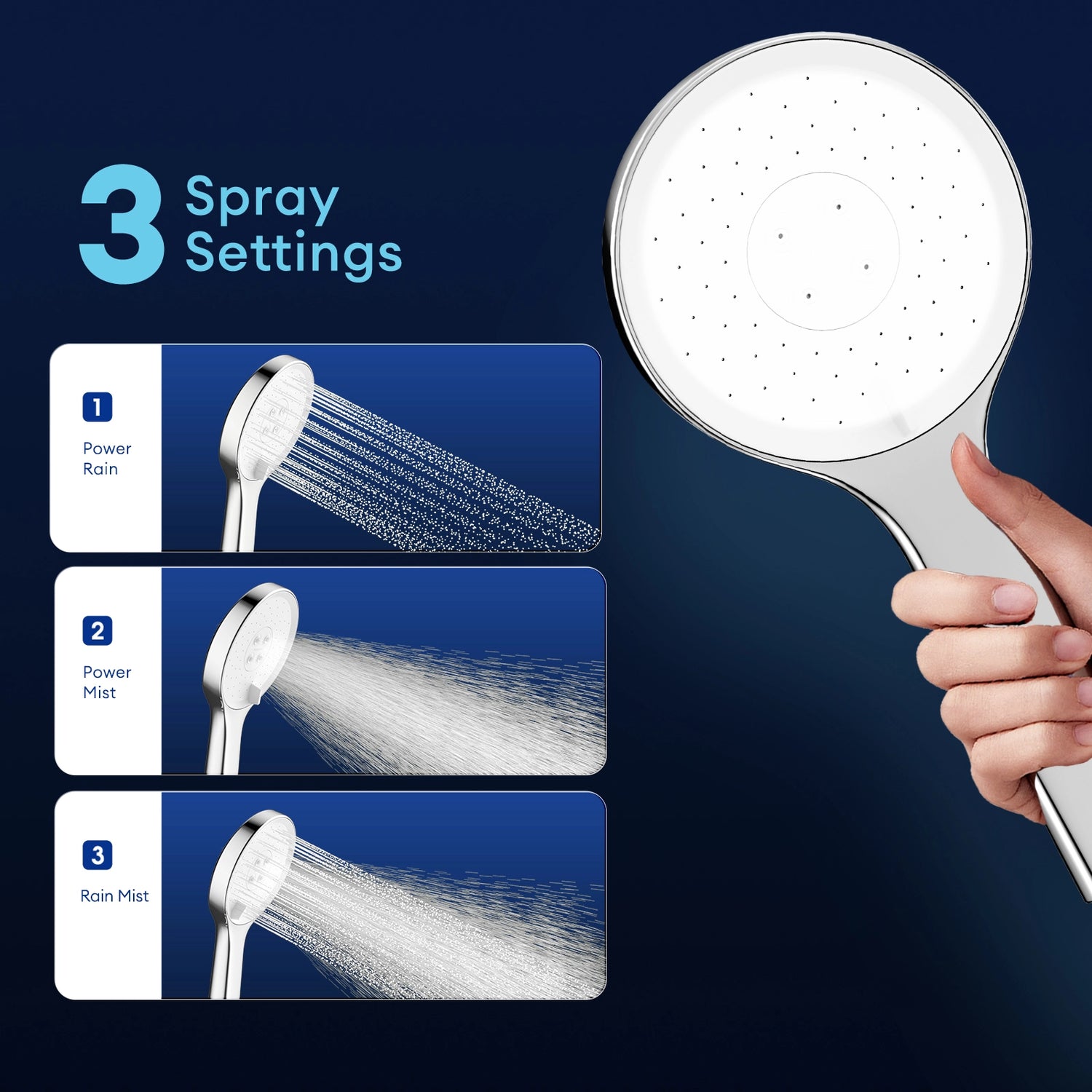 The JOMOO shower head offers three distinct spray settings—Power Mist, Power Rain, and Rain Mist—providing a personalized shower experience. Its adjustable bracket allows for easy customization, fitting perfectly into any bathroom setup.