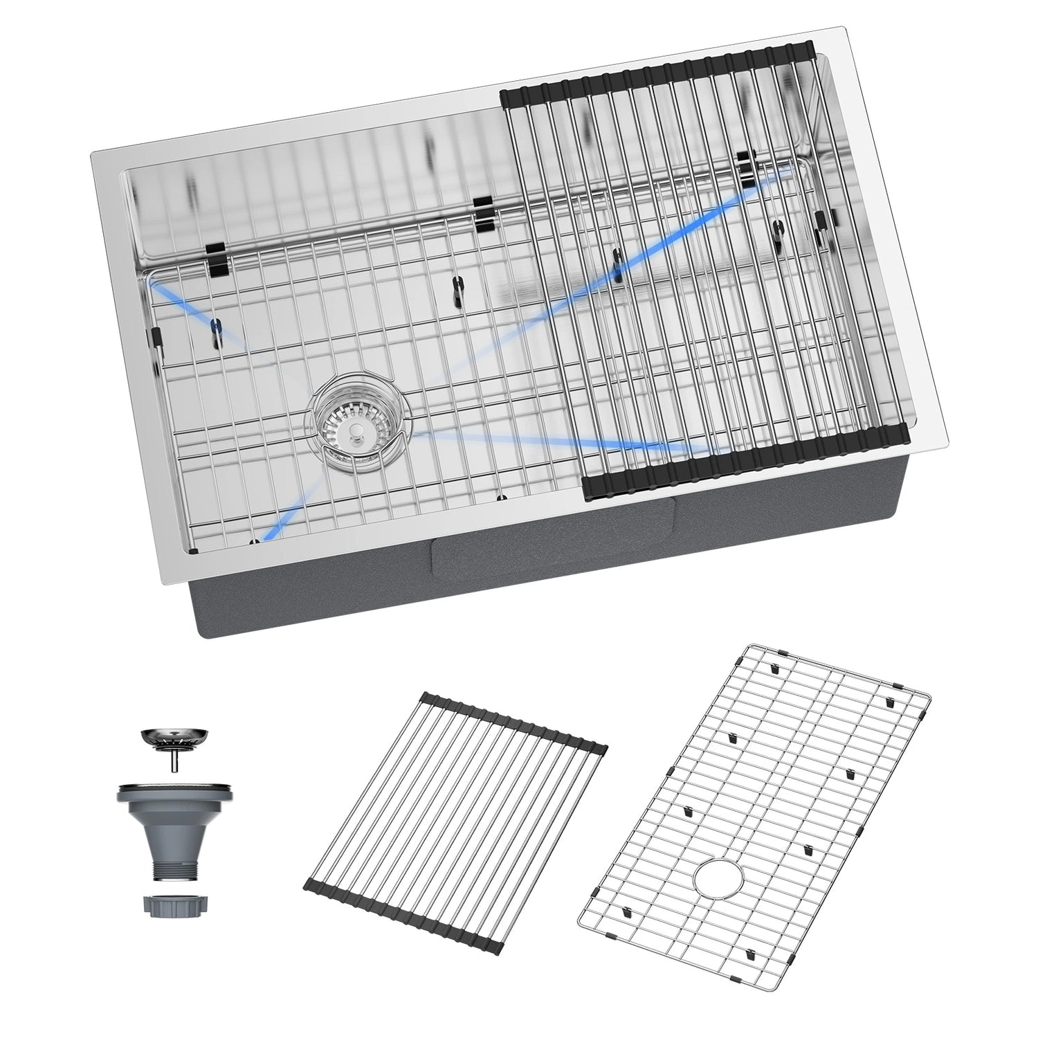 The JOMOO 30-inch single bowl kitchen sink features a durable stainless steel construction with a protective grid and a removable drying rack. It offers ample space for washing large items and ensures easy maintenance, combining functionality with a sleek design.