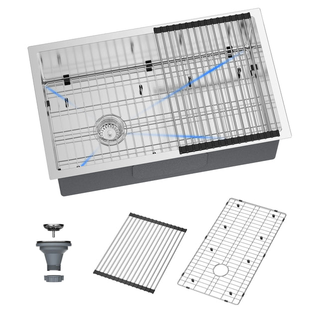 The JOMOO 30-inch single bowl kitchen sink features a durable stainless steel construction with a protective grid and a removable drying rack. It offers ample space for washing large items and ensures easy maintenance, combining functionality with a sleek design.
