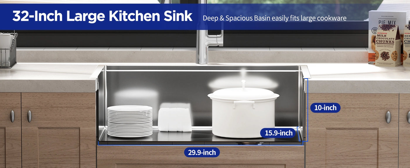 Upgrade your kitchen with the JOMOO 32-inch large kitchen sink. Its deep and spacious basin (29.9" long, 15.9" wide, 10" deep) easily accommodates large cookware and dishes. Perfect for modern kitchens needing extra space for cooking and cleaning.