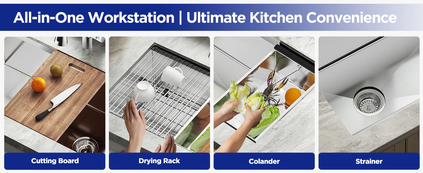 Transform your kitchen with the JOMOO all-in-one workstation sink. Featuring a cutting board, drying rack, colander, and strainer, it combines functionality with style. Perfect for efficient food prep and cleanup in a modern kitchen setup.