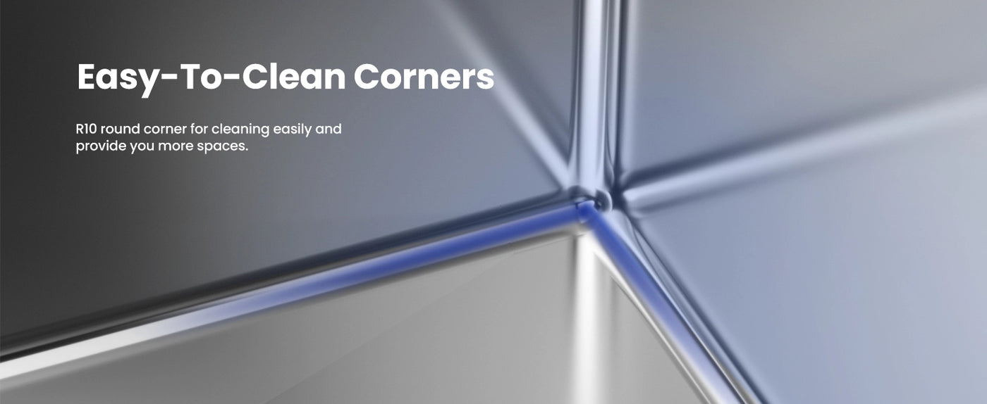Explore the kitchen sink with easy-to-clean R10 rounded corners, designed for efficient cleaning and optimized space usage.