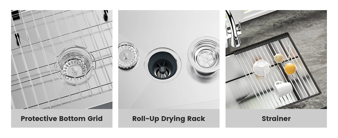 A kitchen sink designed to save space and enhance efficiency, featuring a protective bottom grid, a roll-up drying rack, and a strainer to streamline dishwashing and drying processes.