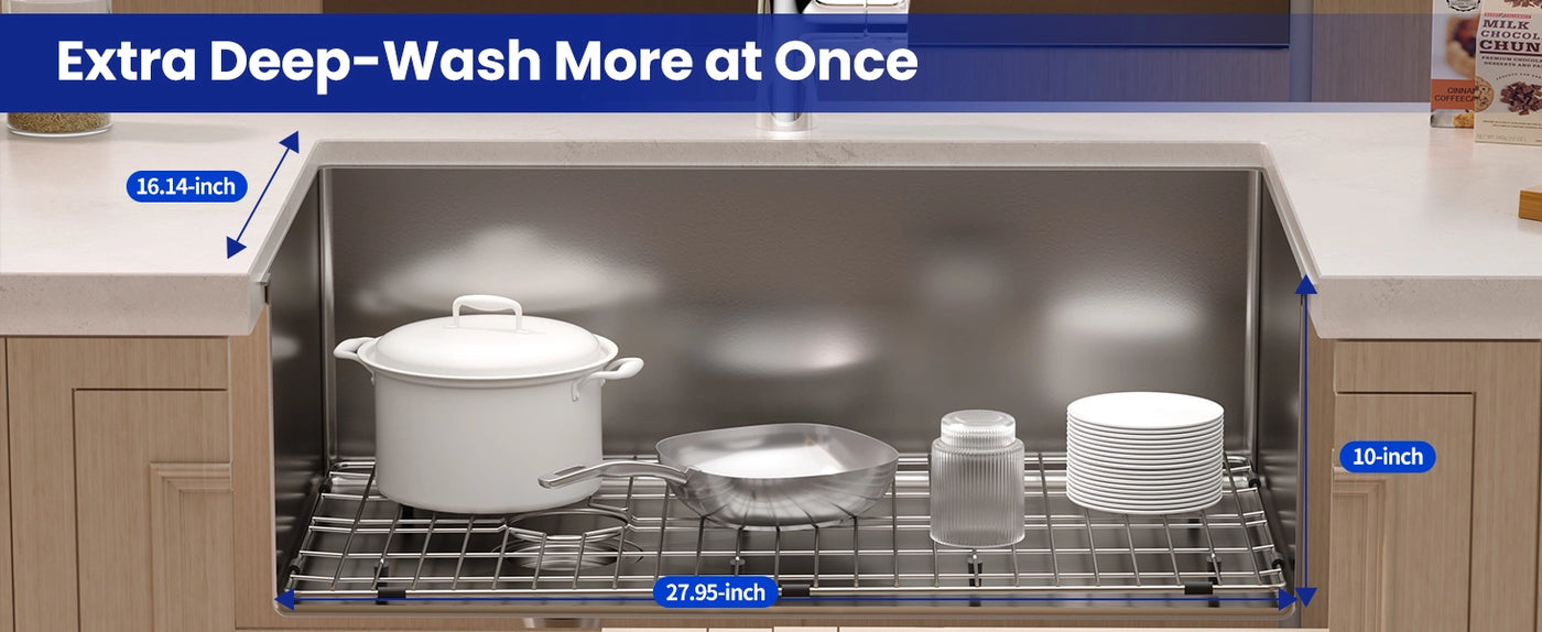 Experience the convenience of washing more at once with this extra deep kitchen sink. With dimensions of 16.14-inch, 27.95-inch, and 10-inch, it provides ample space for handling larger items efficiently.