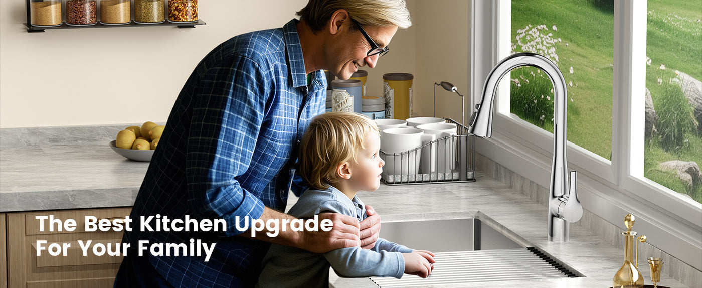 A warm family moment in a modern kitchen, featuring a parent and child bonding by the sink. The kitchen includes a sleek faucet, spice rack, and fresh fruit on the counter, with natural light streaming through the window.