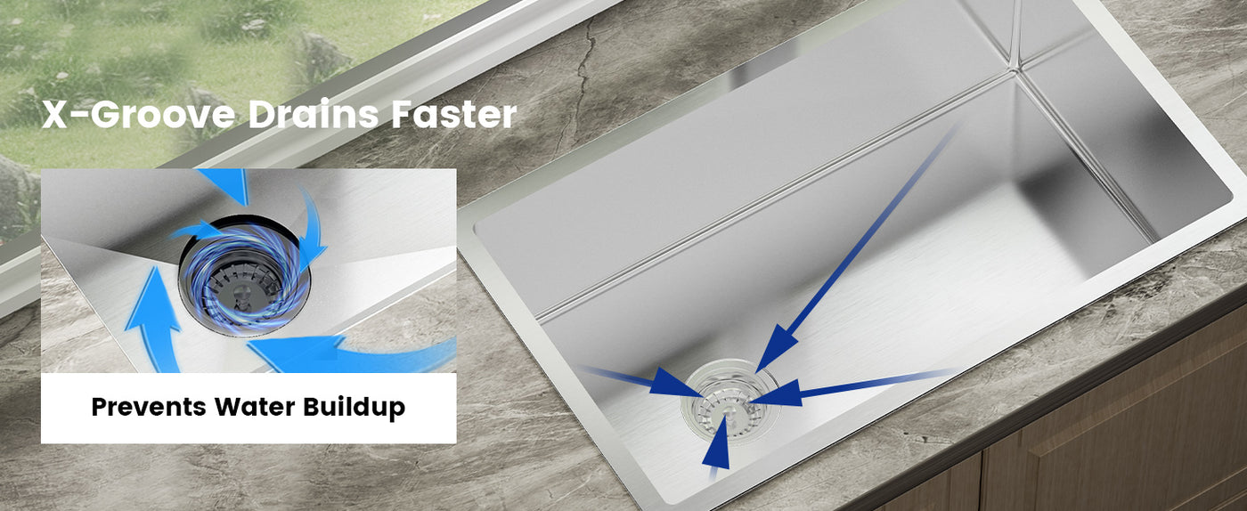 A modern kitchen sink featuring an X-Groove design that drains water faster and prevents water buildup, ensuring efficient drainage and improved functionality.