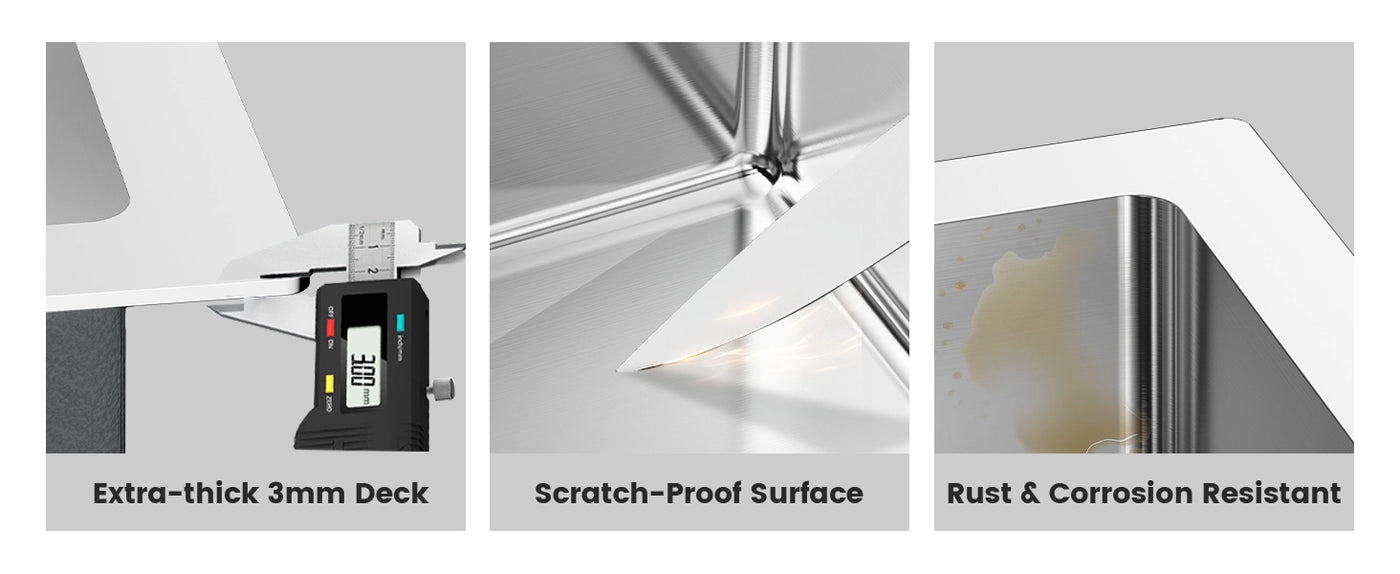 A showcase of a premium kitchen sink made with high-quality 304 stainless steel, highlighting its extra-thick 3mm deck, scratch-proof surface, and rust and corrosion-resistant properties.