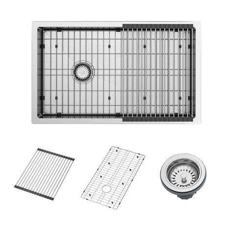 This comprehensive kitchen sink set includes a durable 18-gauge stainless steel sink with a protective grid, a dish drying rack, a cutting board, and a colander.  Designed for easy cleaning and maintenance, it's perfect for enhancing your kitchen setup.