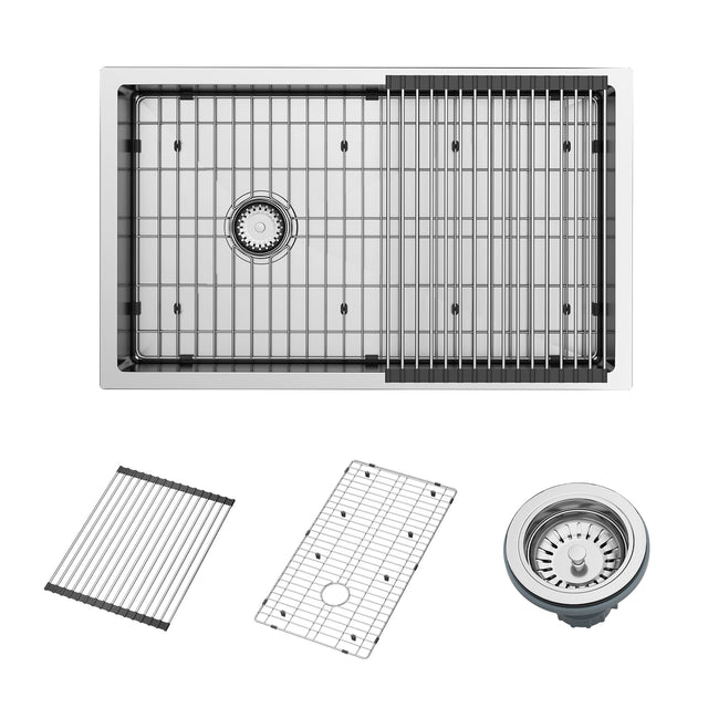 This comprehensive kitchen sink set includes a durable 18-gauge stainless steel sink with a protective grid, a dish drying rack, a cutting board, and a colander.  Designed for easy cleaning and maintenance, it's perfect for enhancing your kitchen setup.