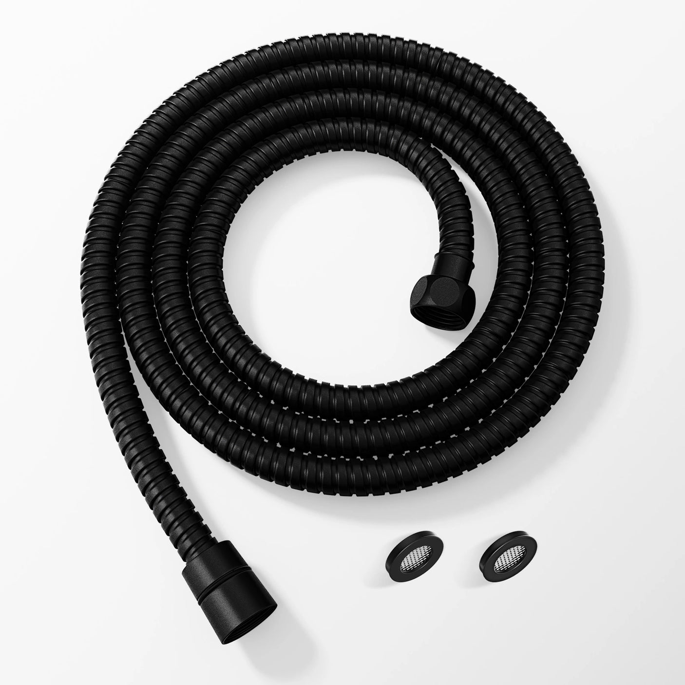 This 118-inch extra-long matte black stainless steel shower hose offers high flexibility and features an anti-wrap design with 360° swivel capability. It includes a leak-free and burst-resistant inner tube, double filter washers for cleaner water, and G1/2 standard connection for easy installation.