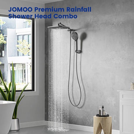 Upgrade your shower experience with JOMOO's 12" square rainfall shower combo. Featuring a high-pressure handheld showerhead with 10 spray modes, it offers a luxurious and customizable bathing experience. Perfect for a modern bathroom, this set is easy to install and enhances your daily routine.