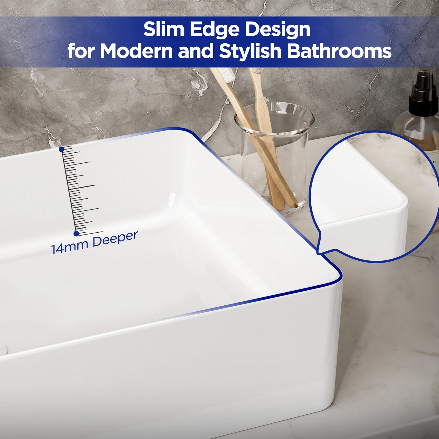 The JOMOO 22.44" ceramic vessel sink features a slim edge design and is 14mm deeper for added convenience. Perfect for modern bathrooms, it offers a stylish and functional solution with its sleek white finish and durable construction.