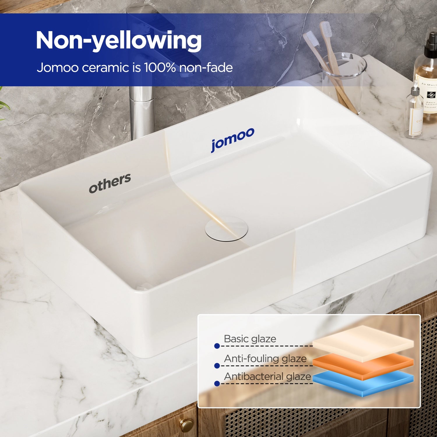 The JOMOO ceramic vessel sink boasts a non-yellowing, antibacterial glaze that ensures long-lasting hygiene and appearance. Its triple-glazed surface resists stains and fouling, making it ideal for a modern bathroom that values both style and cleanliness.