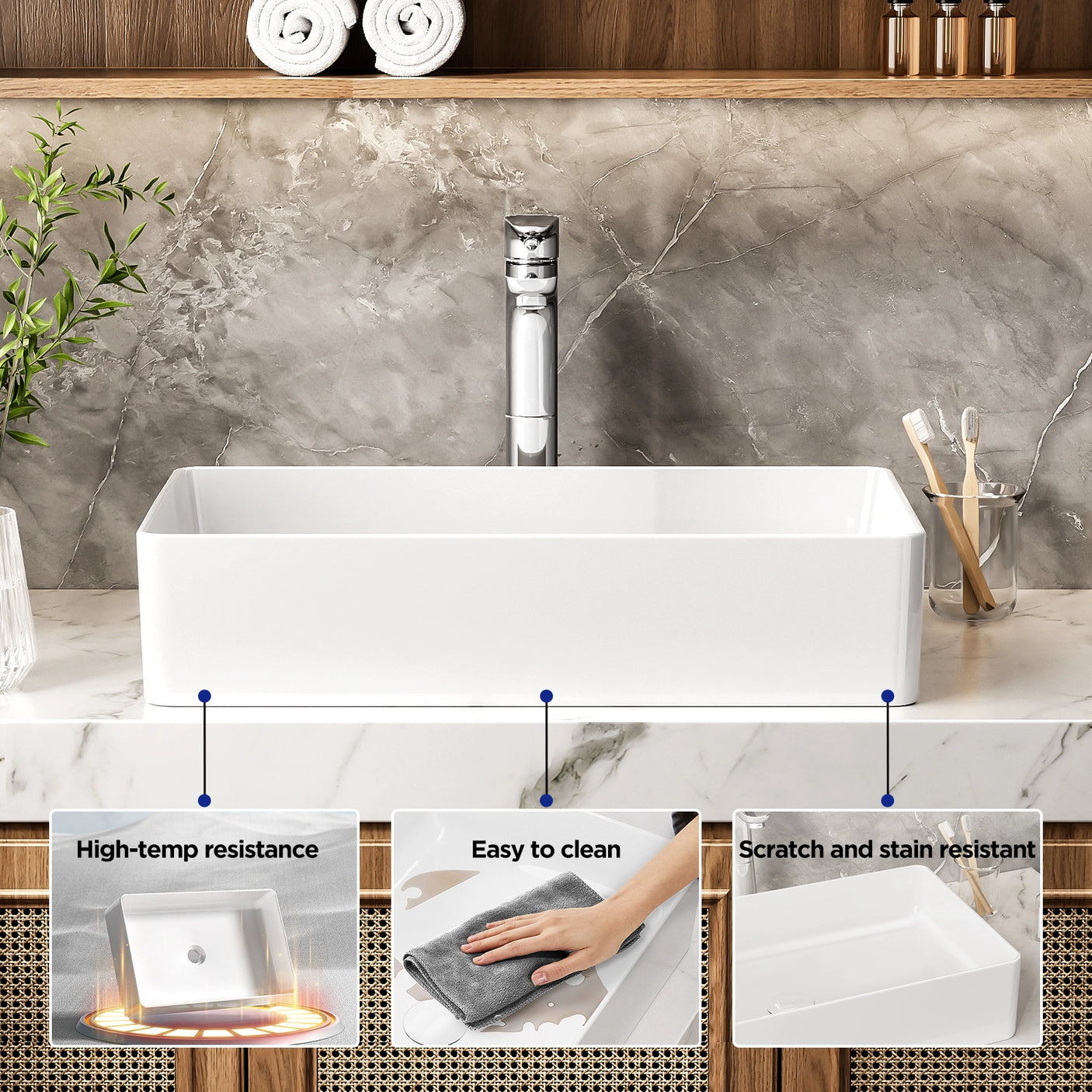 The JOMOO ceramic vessel sink is crafted for durability and style, featuring high-temperature resistance, easy cleaning, and scratch & stain resistance. Its elegant rectangular design complements any bathroom decor, providing both functionality and sophistication.