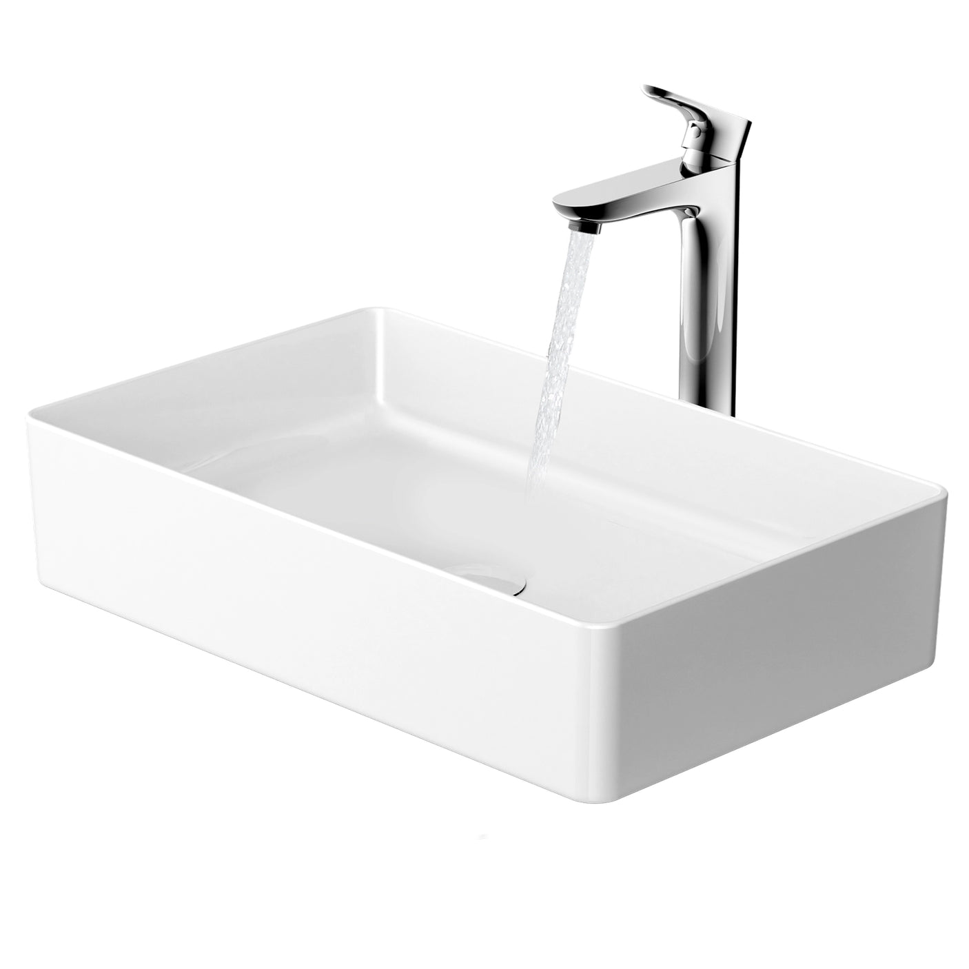 The JOMOO ceramic vessel sink offers a modern rectangular design with a high-quality ceramic finish. It is easy to clean and features a sleek chrome faucet. This stylish sink is perfect for enhancing the look of any bathroom.