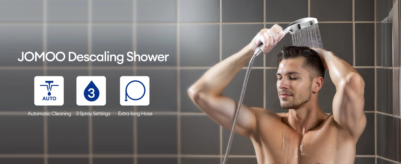 The JOMOO shower head offers automatic cleaning, three spray settings, and comes with an extra-long hose for enhanced convenience. Its adjustable bracket ensures a comfortable shower experience, making it ideal for any bathroom.