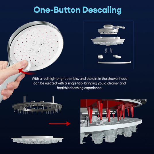 The JOMOO shower head features three spray settings and an adjustable bracket for a customizable shower experience. Its one-button descaling system makes maintenance simple, ensuring a cleaner and healthier bath with just a single tap.