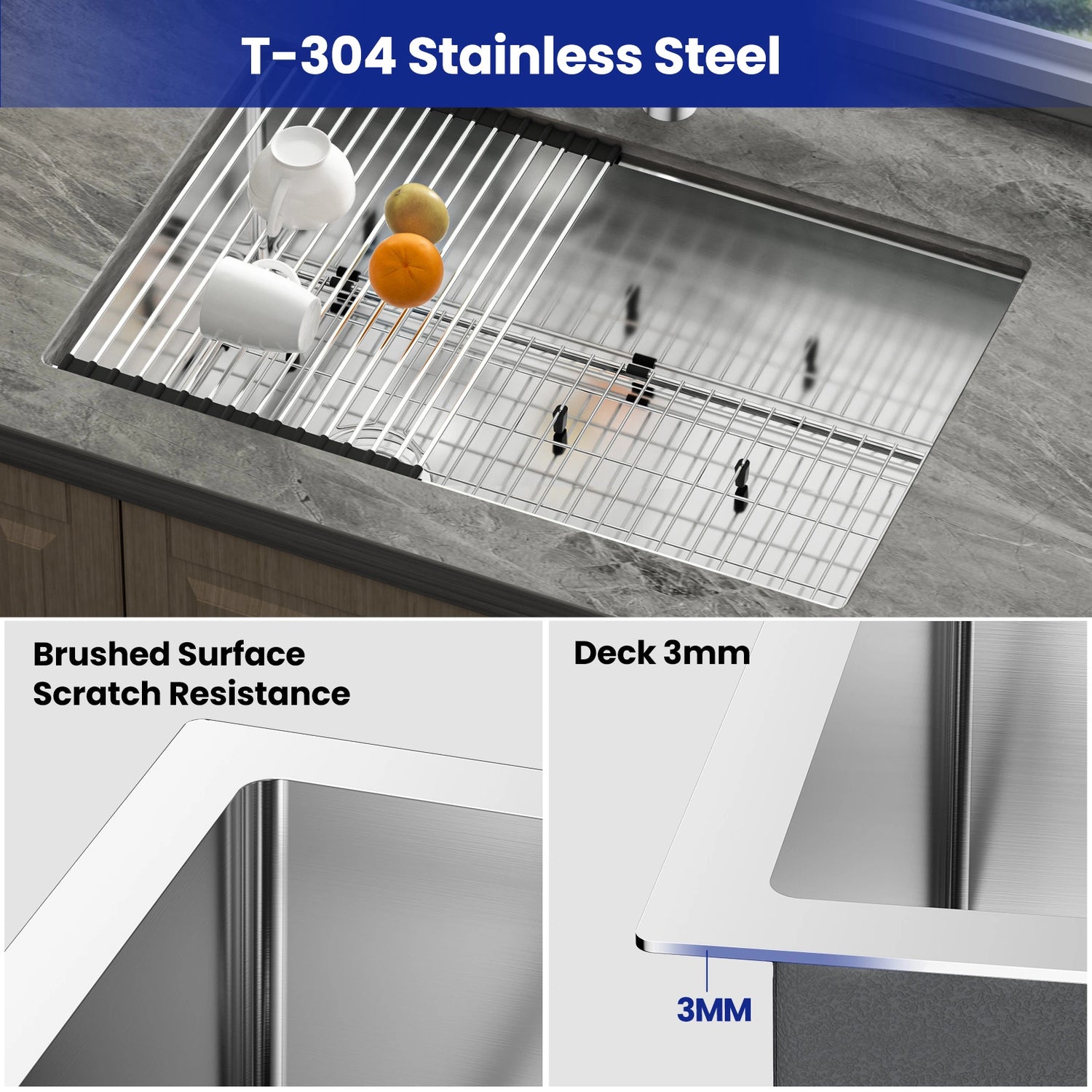 The JOMOO 30-inch single bowl sink is crafted from durable 18 gauge stainless steel with a brushed surface for scratch resistance. Featuring a 3mm thick deck, it ensures long-lasting quality and easy maintenance, perfect for any kitchen.