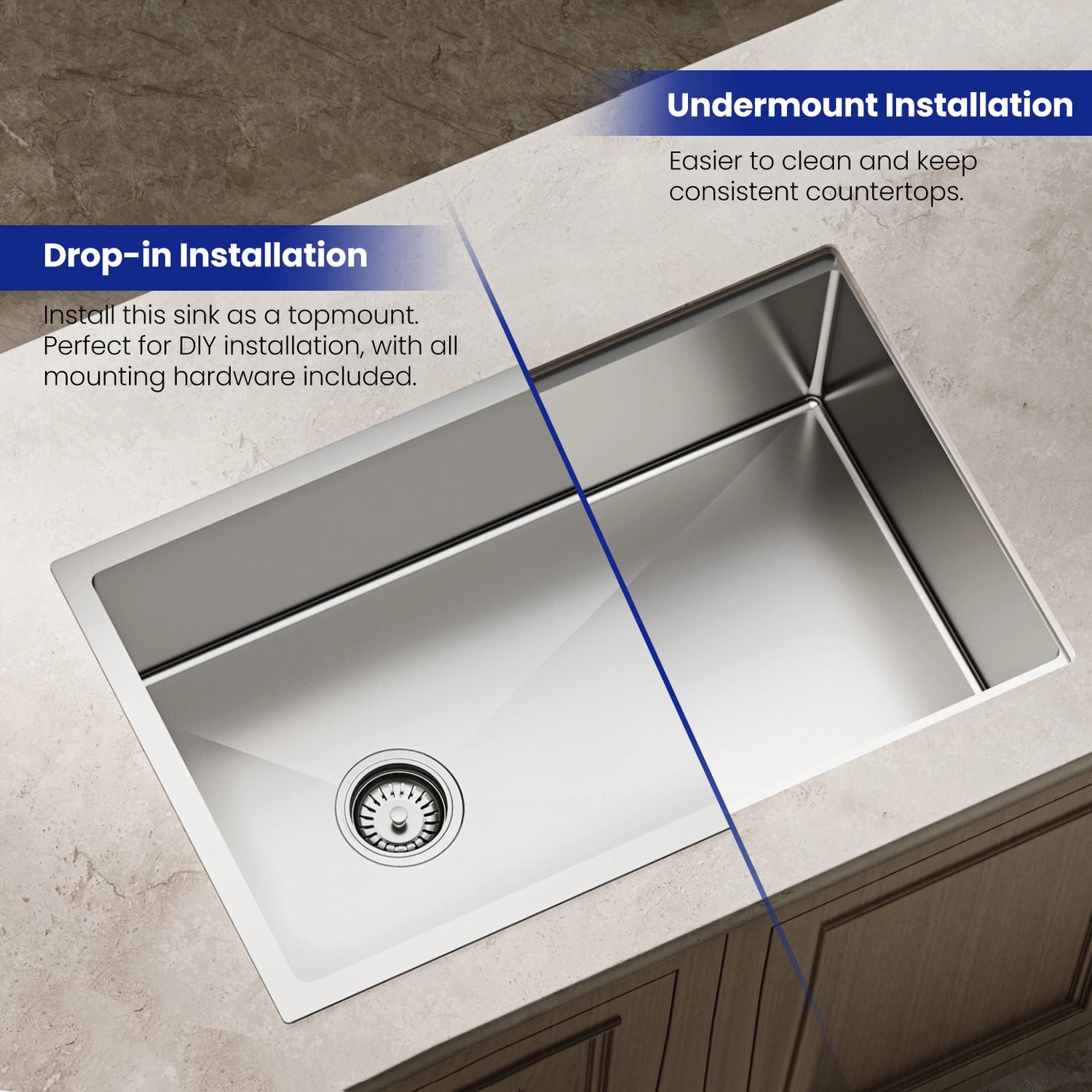 The JOMOO 30-inch kitchen sink offers versatile drop-in or undermount installation, making it perfect for DIY projects. It includes all necessary mounting hardware and is designed for easy cleaning and consistent countertops. Ideal for modern kitchen setups.