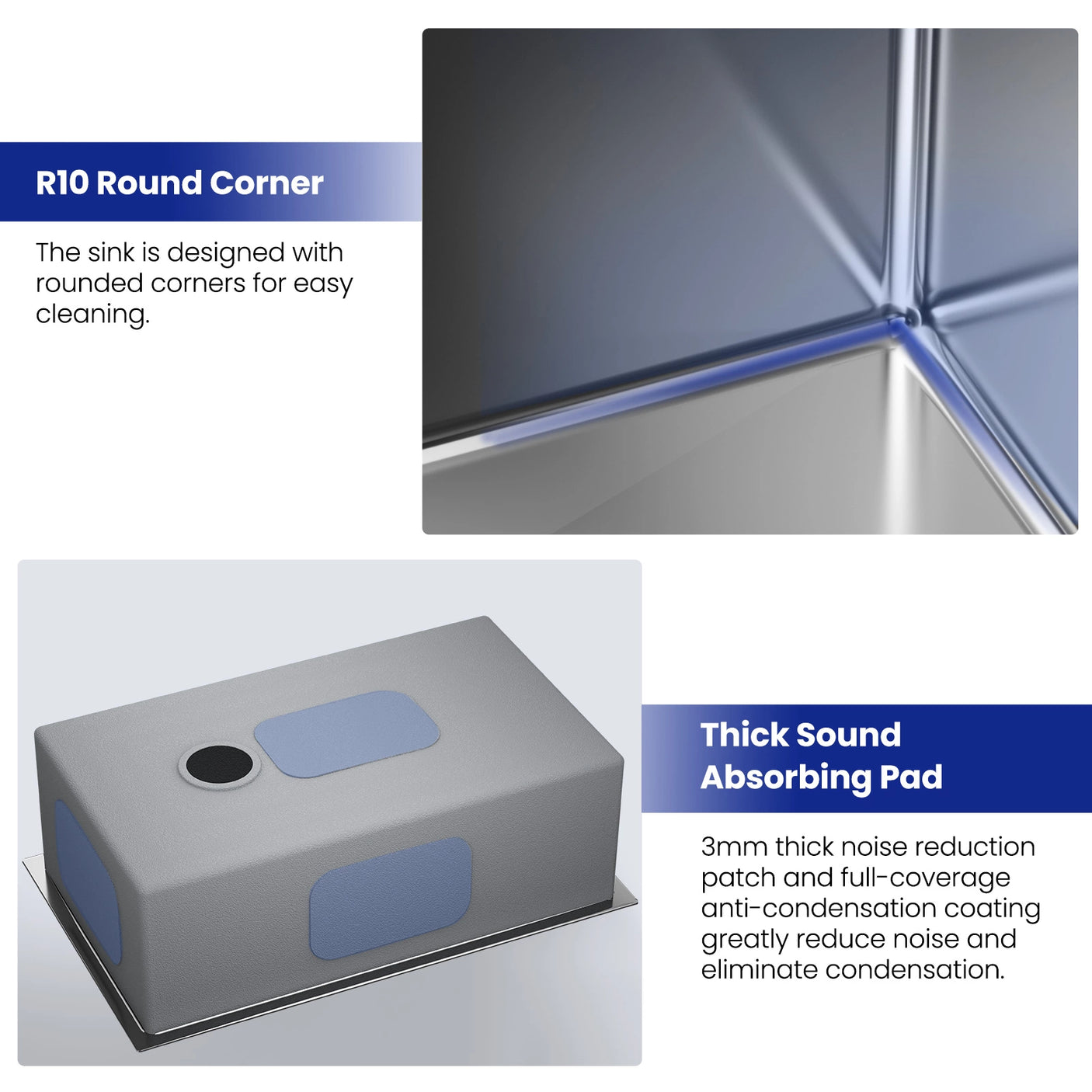 The JOMOO 30-inch kitchen sink features R10 rounded corners for easy cleaning and a thick sound-absorbing pad to reduce noise and condensation.  Enjoy a quiet, efficient kitchen with this durable, nano-coated sink.