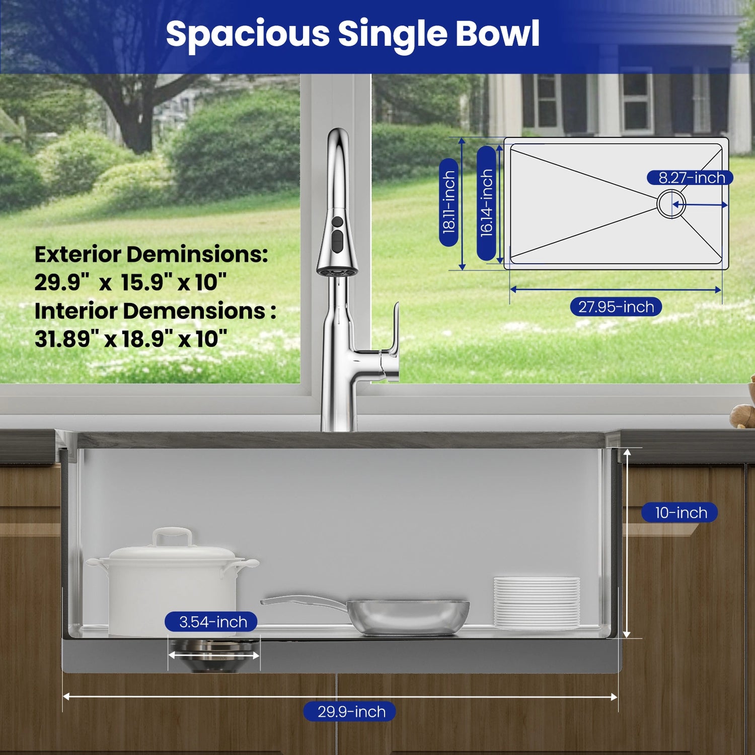 The JOMOO 30-inch single bowl kitchen sink features exterior dimensions of 29.9" x 15.9" x 10" and interior dimensions of 31.89" x 18.9" x 10". Its large size accommodates big pots and dishes, enhancing functionality and convenience in your kitchen.
