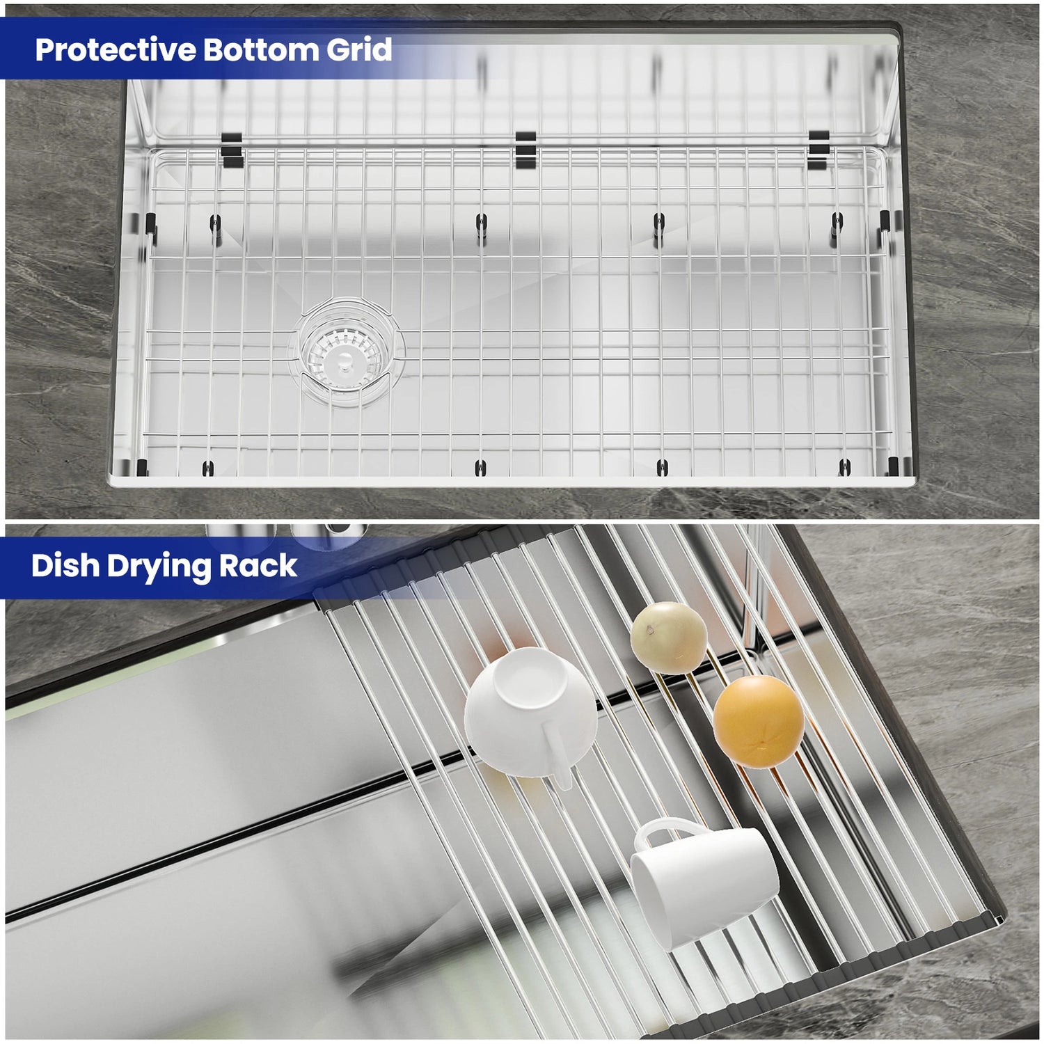 The JOMOO 30-inch single bowl kitchen sink includes a protective bottom grid and a dish drying rack. Designed for durability and convenience, it offers an efficient solution for dishwashing and drying, enhancing your kitchen experience.