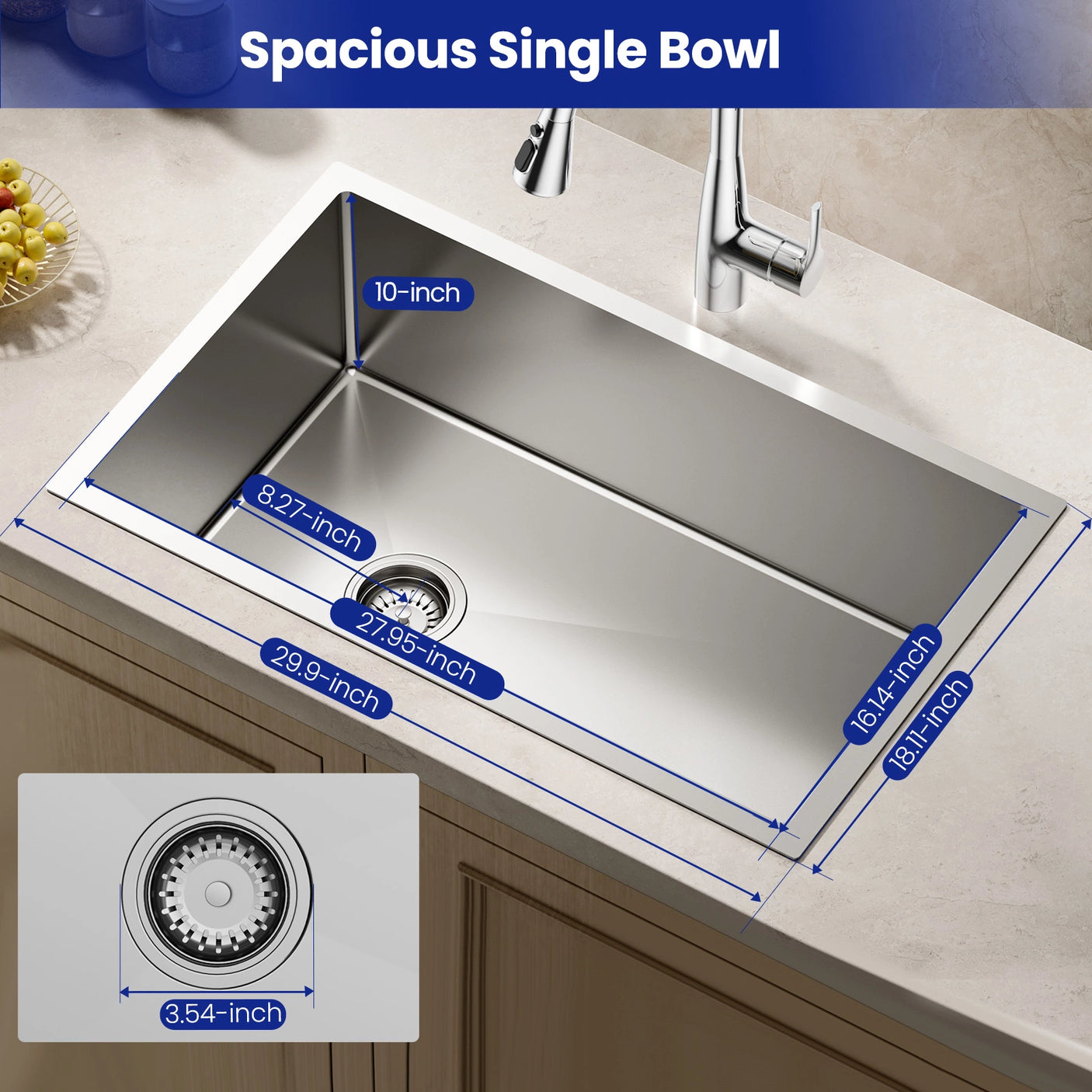 The JOMOO 30-inch kitchen sink offers a spacious single bowl design with dimensions of 29.9" x 18.1" x 10" (760mm x 460mm x 255mm). It features a large drain opening (3.54"/90mm) for easy cleaning and a deep basin. Ideal for large dishes and pots, this sink combines functionality with sleek style.
