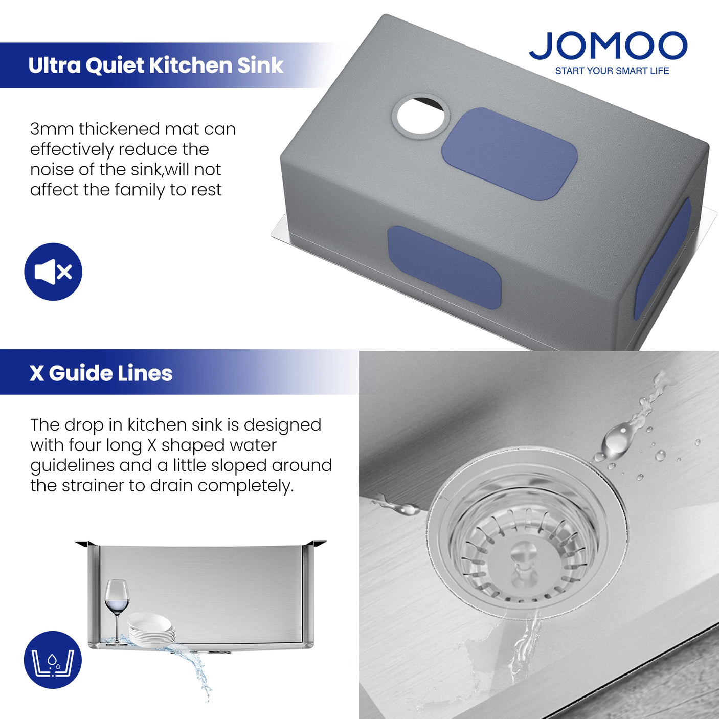 The JOMOO 30-inch single bowl kitchen sink features an ultra-quiet design with a 3mm thickened mat to minimize noise. Equipped with X-shaped water guidelines for efficient drainage, it ensures a peaceful and functional kitchen environment.
