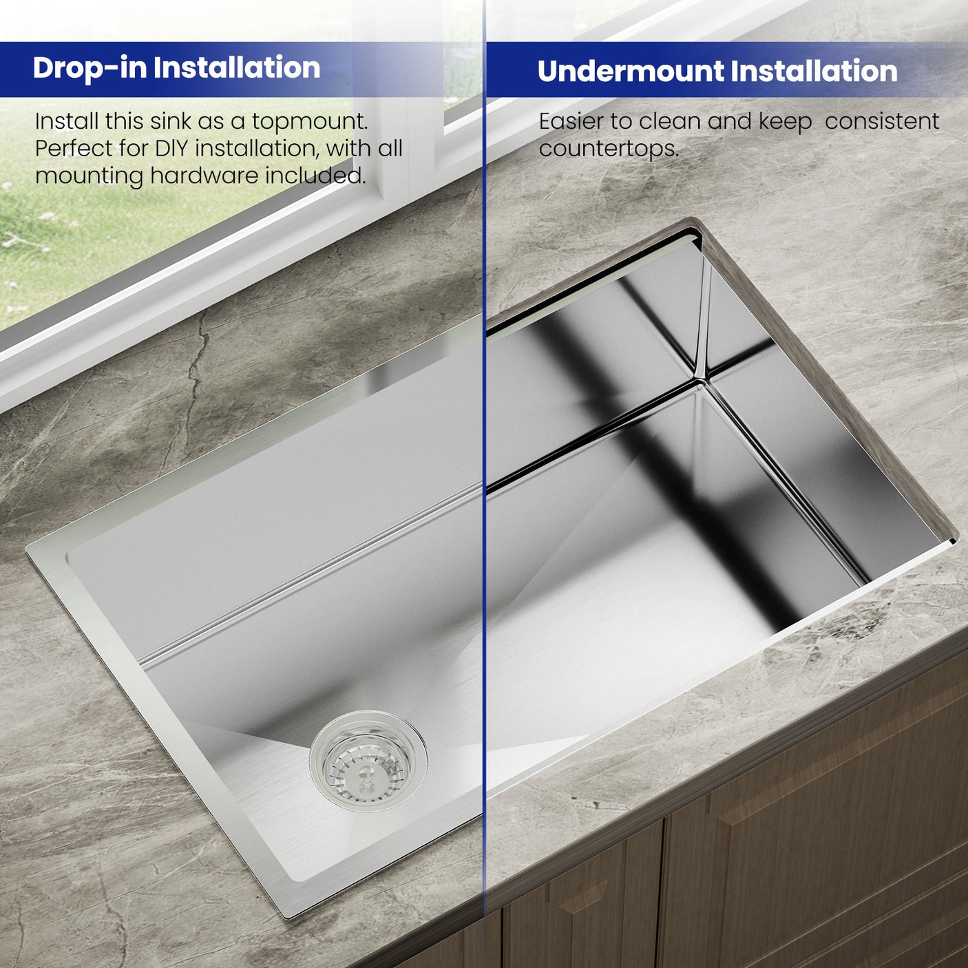 The JOMOO 30-inch single bowl kitchen sink supports both drop-in and undermount installations, offering flexibility for various kitchen setups. It includes all necessary mounting hardware for easy DIY installation and ensures a clean, consistent countertop look.