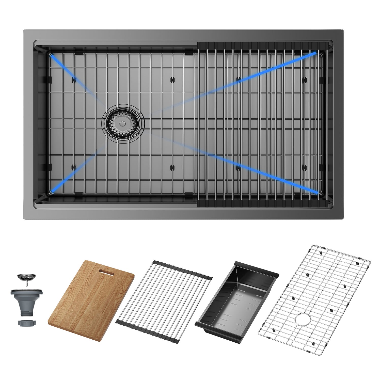 The JOMOO 32" stainless steel kitchen sink set includes a nano-coated sink for enhanced durability. Complete with a protective grid, dish rack, cutting board, and strainer, this kit offers a comprehensive solution for your kitchen needs, ensuring convenience and style.