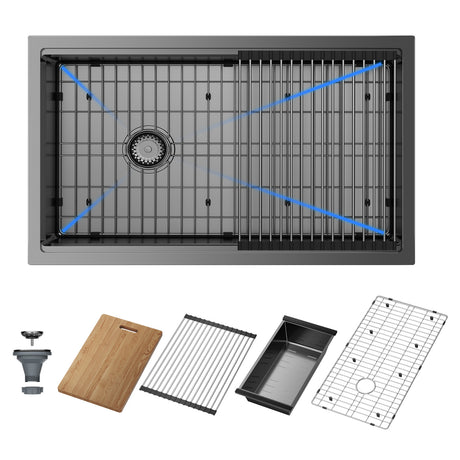 The JOMOO 32" stainless steel kitchen sink set includes a nano-coated sink for enhanced durability. Complete with a protective grid, dish rack, cutting board, and strainer, this kit offers a comprehensive solution for your kitchen needs, ensuring convenience and style.