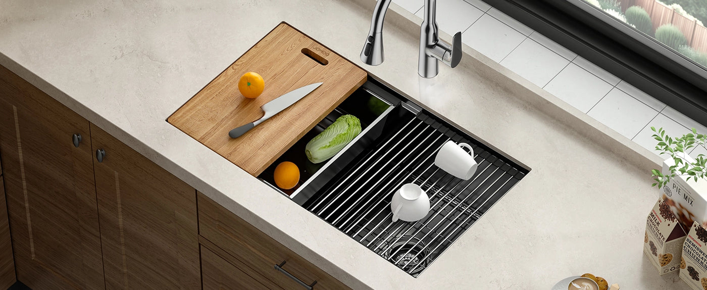 The JOMOO 32-inch stainless steel kitchen sink features a workstation design with a cutting board and drying rack. Its spacious basin and durable construction provide convenience and style, making it a practical choice for any kitchen.