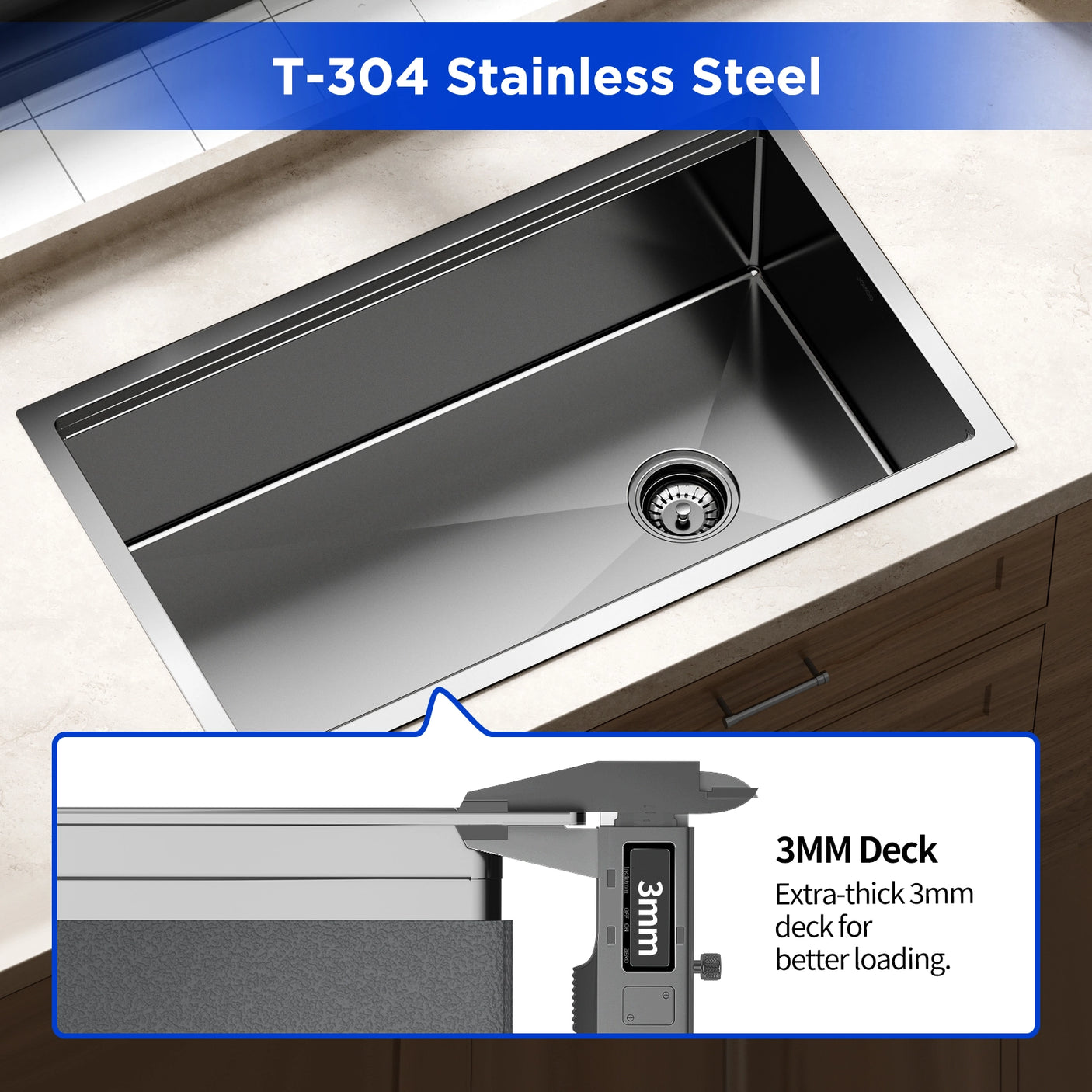 This JOMOO kitchen sink features 18 gauge stainless steel construction with a nano coating for enhanced durability. Its 3mm thick deck supports heavy loads, ensuring a robust and long-lasting kitchen fixture that won't rust or stain.