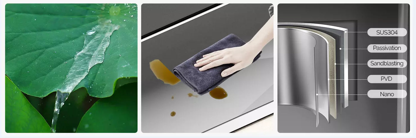 The JOMOO 32-inch kitchen sink features a nano stainless steel finish for easy cleaning and durability. Its water-resistant surface allows dirt and debris to be wiped away effortlessly, ensuring a hygienic and sleek kitchen environment.