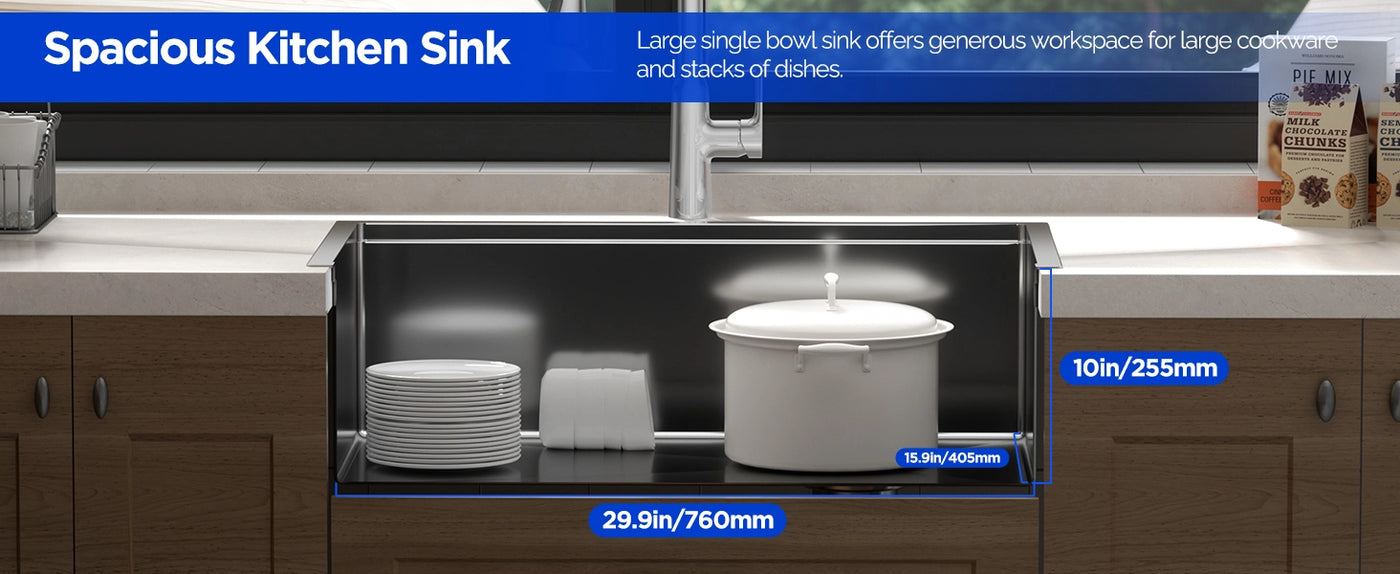 The JOMOO 32" Stainless Steel Kitchen Sink features a spacious single basin design, perfect for washing large cookware and stacks of dishes. With dimensions of 29.9 inches by 15.9 inches and a depth of 10 inches, this sink is durable and easy to clean, making it an ideal choice for any kitchen.