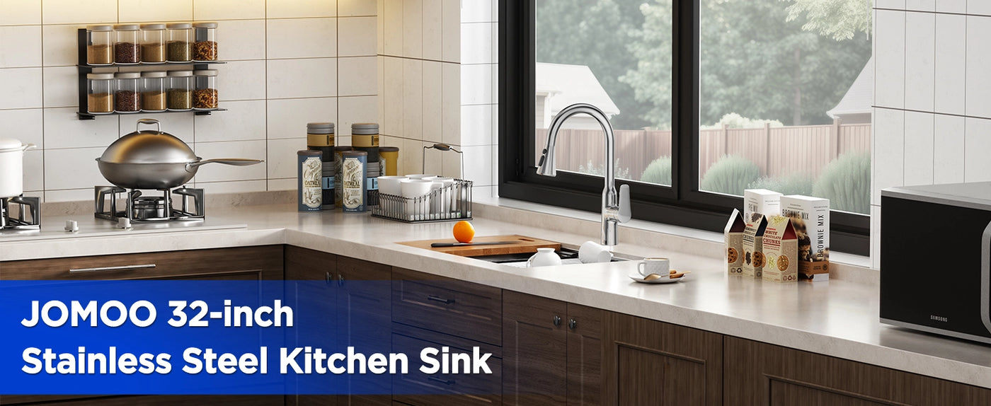 The JOMOO 32-inch stainless steel kitchen sink offers a spacious workstation design, perfect for modern kitchens. Its durable construction and stylish appearance make it a functional and attractive addition to any home.