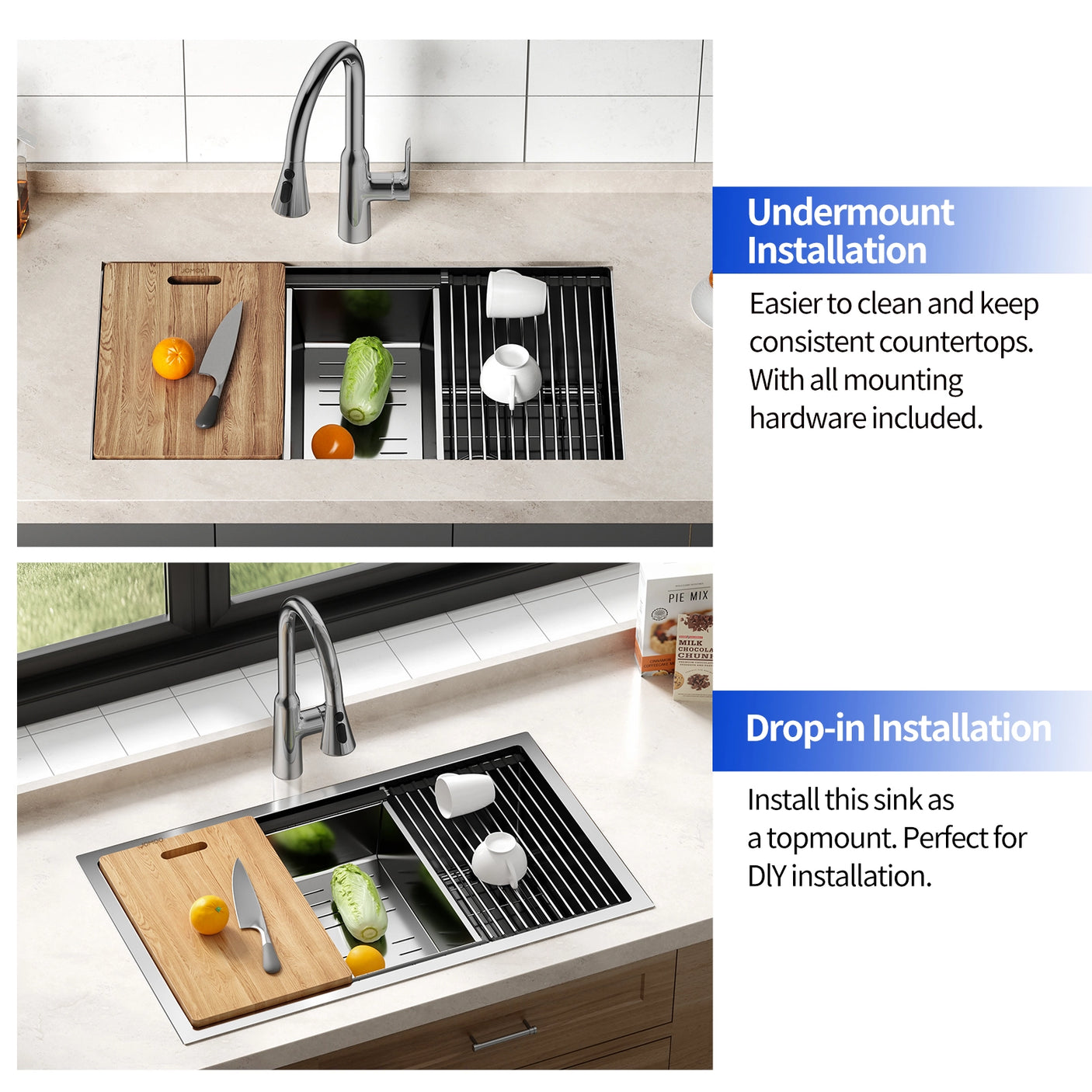 The JOMOO 32" kitchen sink features a nano-coated stainless steel finish for durability. Offers both undermount and drop-in installation options for flexibility. Includes all necessary mounting hardware for easy setup.