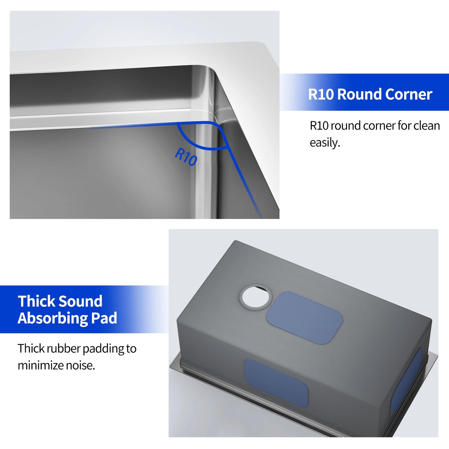 The JOMOO 32" kitchen sink boasts a nano-coated finish for durability. It features R10 round corners for easy cleaning and thick rubber padding to minimize noise. This sink combines functionality with comfort for a quiet and efficient kitchen experience.