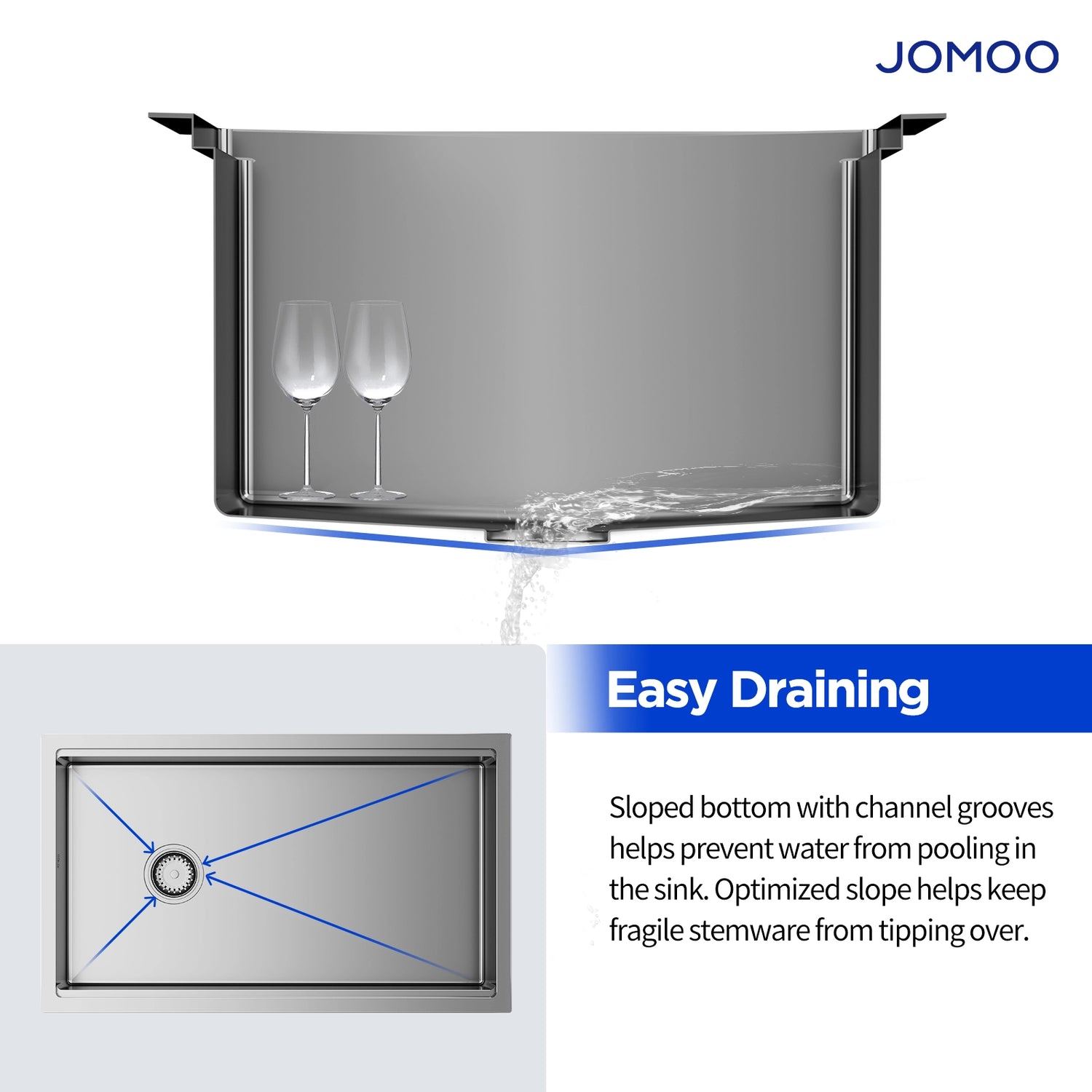 The JOMOO 32" kitchen sink features a nano-coated surface for durability and easy maintenance. Its uniquely sloped bottom with channel grooves ensures efficient water drainage, preventing pooling and safeguarding delicate items from tipping.