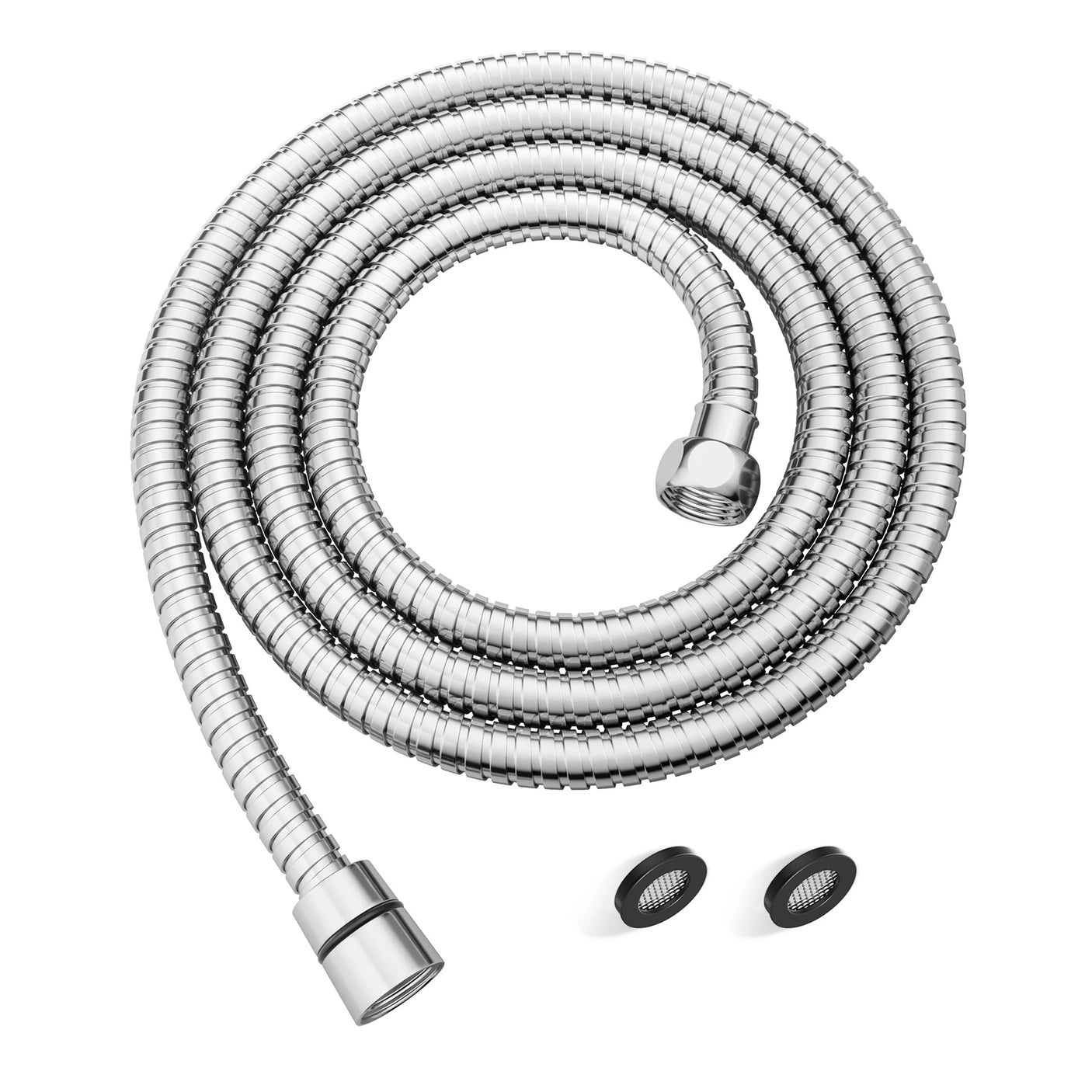 A coiled stainless steel shower hose with brass connectors and two black filter washers, showcasing its flexible design and durable construction for tangle-free use. The G1/2" standard threading highlights easy installation with most handheld showerheads.