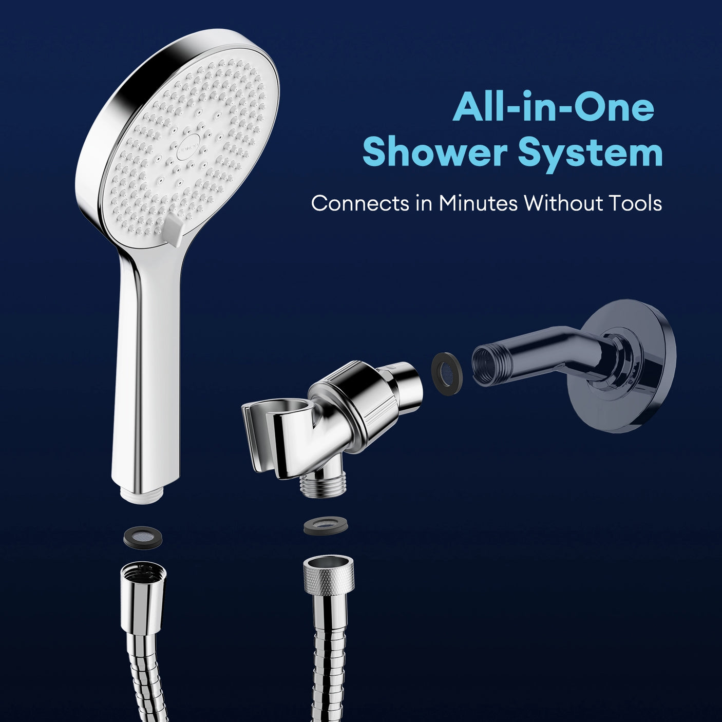 The JOMOO handheld shower head features 5 spray settings and a built-in power spray for a customizable shower experience. Its all-in-one design allows for quick and easy tool-free installation, making it a convenient and efficient choice for any bathroom upgrade.