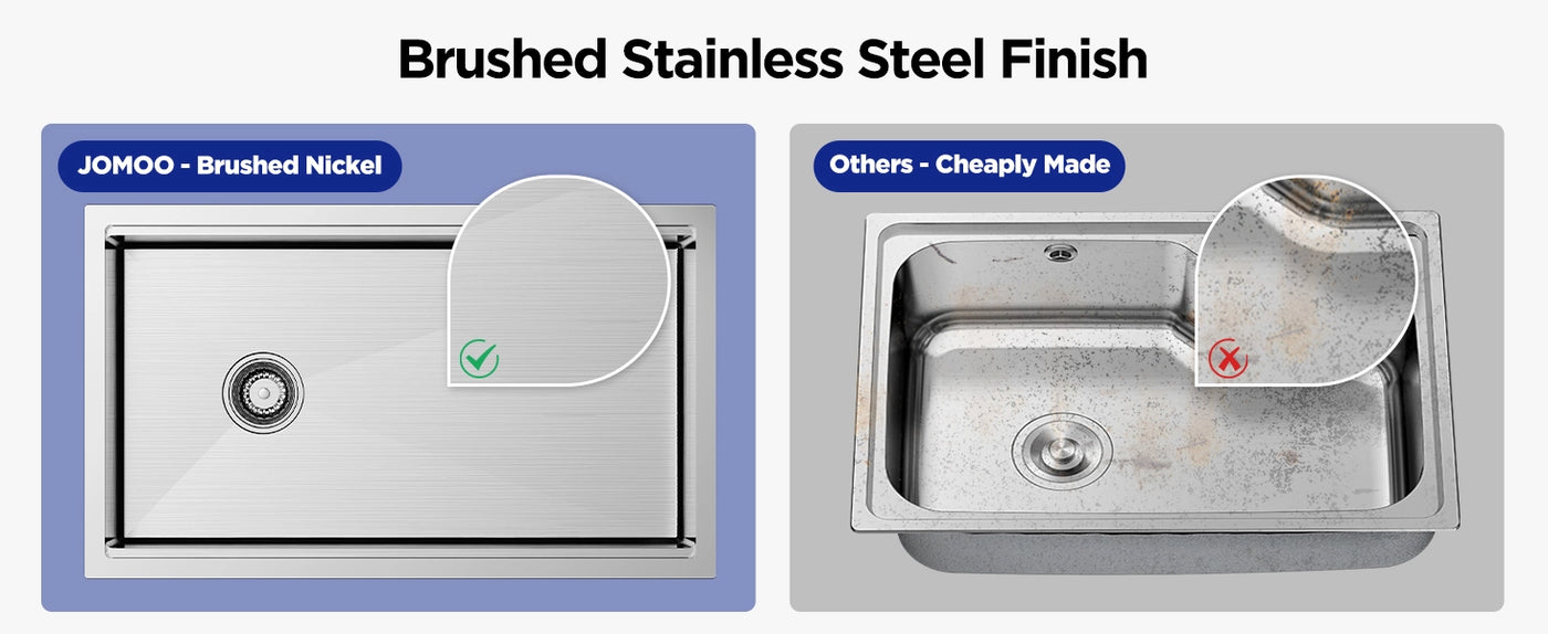 Discover the premium quality of JOMOO's brushed nickel stainless steel sink.   With a sleek, durable finish that resists stains and scratches, it stands out against cheaply made alternatives that dull and discolor over time.   Ideal for a modern, stylish kitchen upgrade.