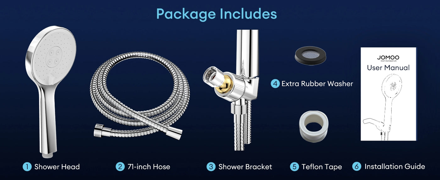 The JOMOO shower system includes a 3-function head, 71-inch hose, adjustable bracket, extra rubber washer, Teflon tape, and an installation guide. This comprehensive package offers a high-quality, easy-to-install shower solution for a refreshing experience.