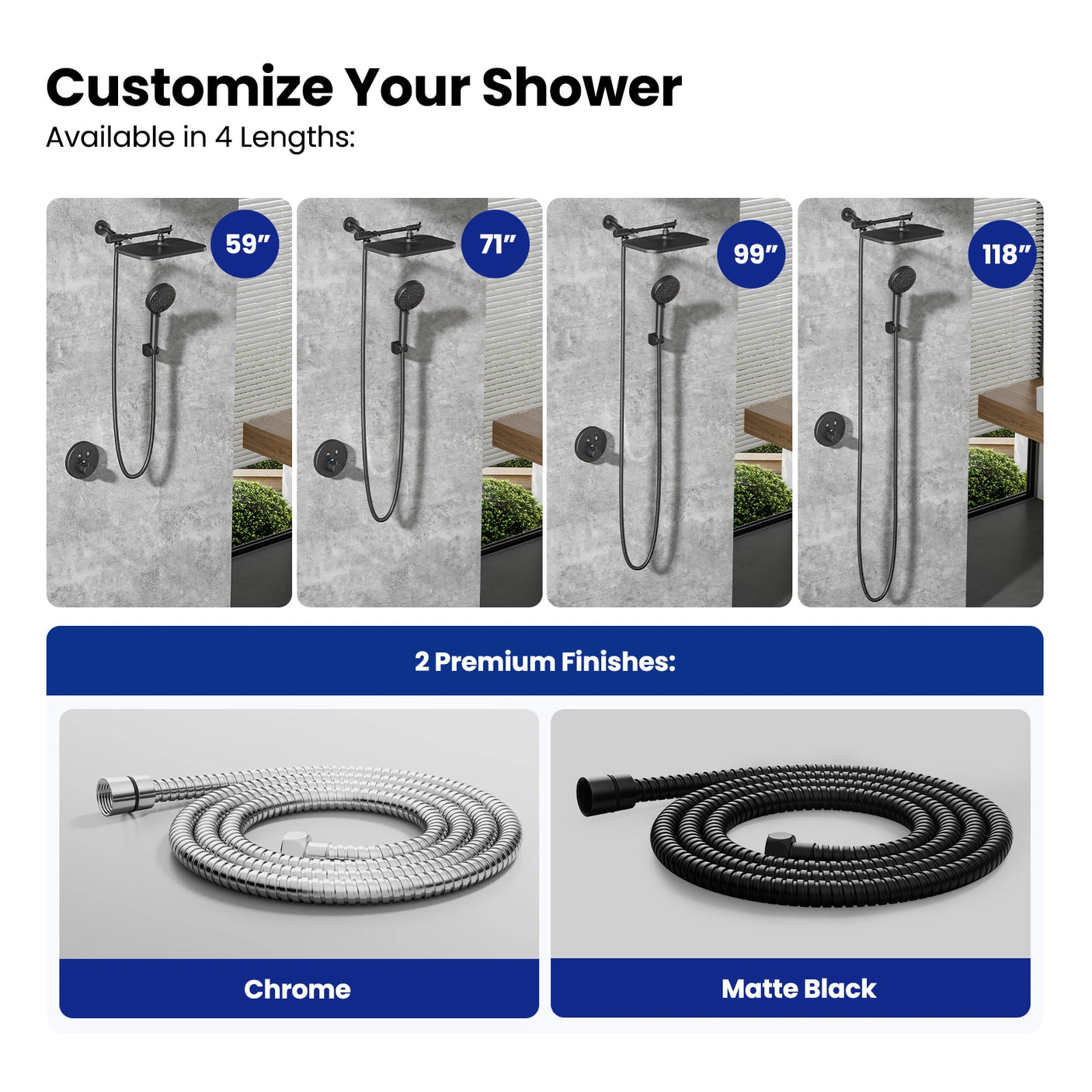 This JOMOO shower hose offers customization with options in four different lengths (59", 71", 99", 118") and two premium finishes (Chrome and Matte Black) to suit your bathroom style and needs.