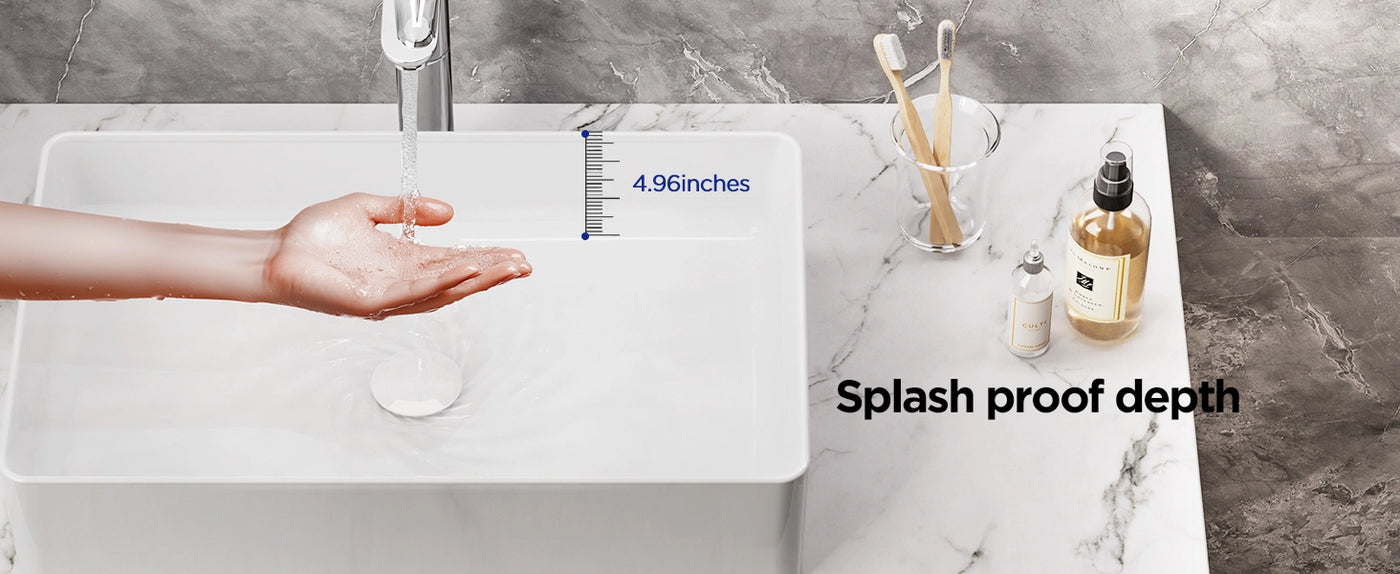 The JOMOO 22.444" rectangular ceramic sink features a deep basin with splash-proof depth, measuring 4.96 inches. Its modern design and easy-to-clean surface make it ideal for stylish, functional bathrooms, preventing water from splashing onto the countertop.
