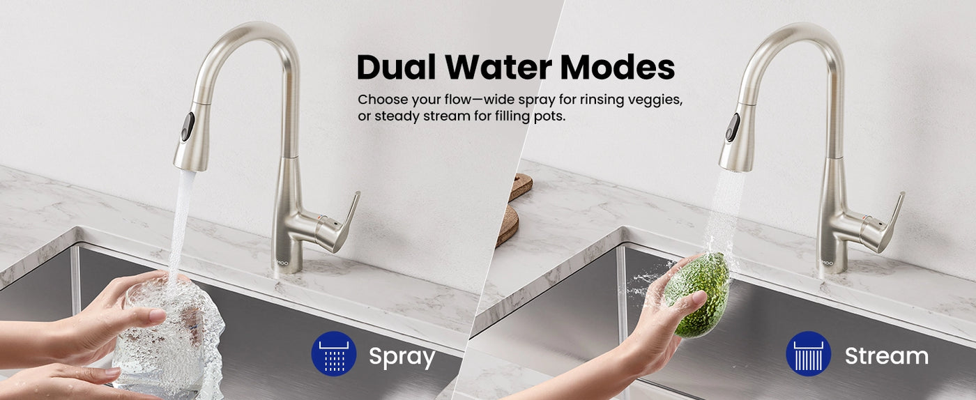 Choose between wide spray for rinsing veggies or steady stream for filling pots with this versatile kitchen faucet.
