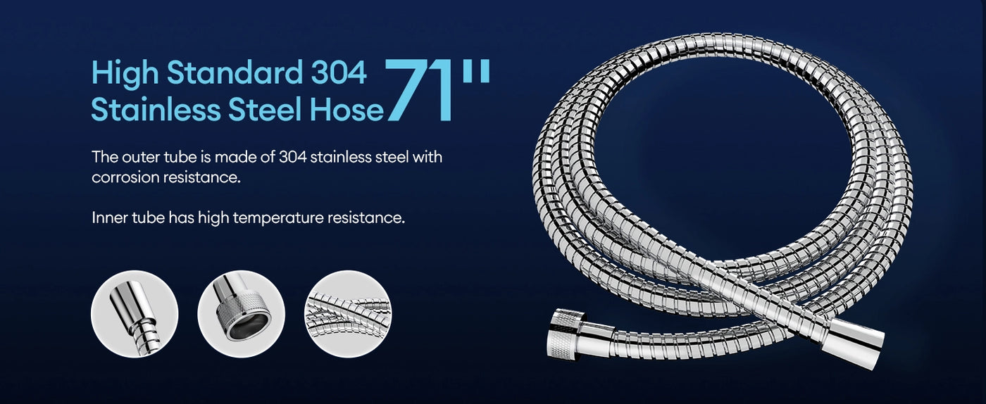 The JOMOO shower head includes a high-standard 304 stainless steel hose that is 71 inches long, offering both corrosion resistance and high-temperature endurance. With three spray settings and an adjustable bracket, it provides a reliable and comfortable shower experience.