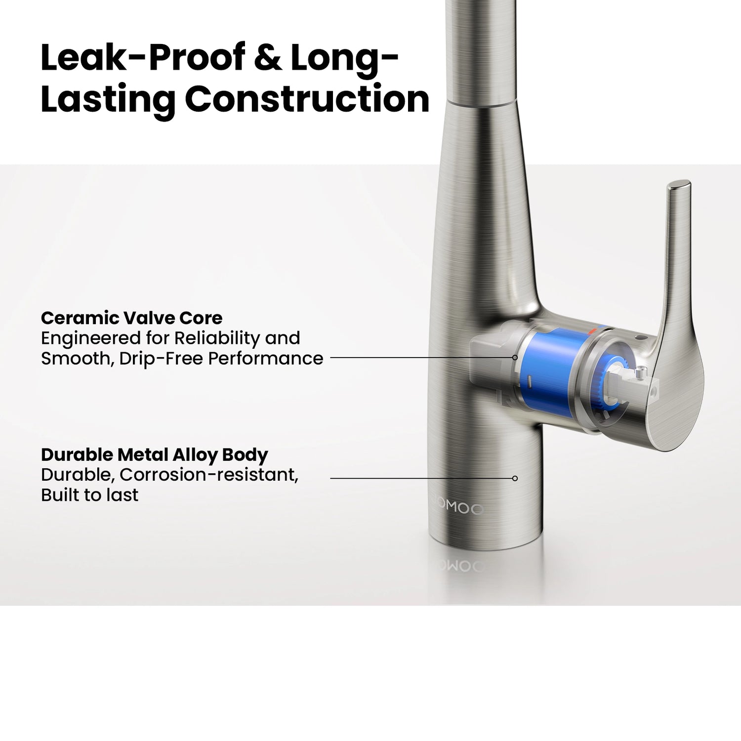 This JOMOO faucet features a ceramic valve core for smooth, drip-free performance and a durable metal alloy body for long-lasting, corrosion-resistant use.