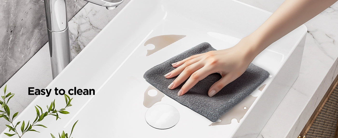 The JOMOO 22.44" rectangular ceramic sink features a slim edge design, perfect for contemporary bathrooms. Its deep basin and anti-fouling glaze offer practicality and easy maintenance, while the sleek look enhances the bathroom's modern aesthetic.