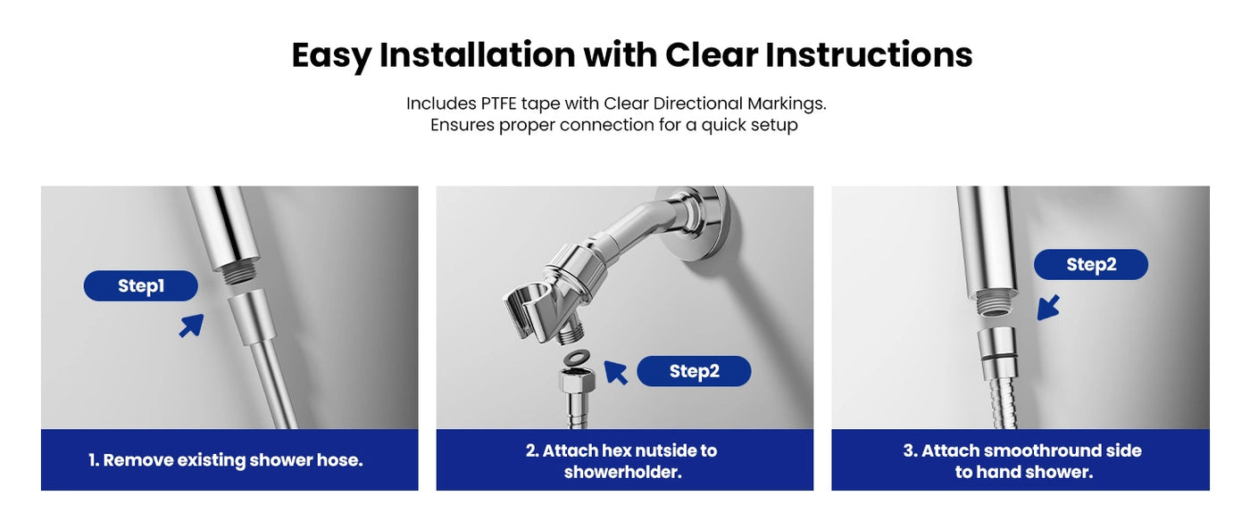 A straightforward three-step installation guide for the JOMOO shower hose, complete with PTFE tape and clear directional markings. This ensures a quick and secure setup for a leak-free connection every time.